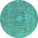 Round Machine Washable Oriental Turquoise Industrial Area Rugs, wshurb1718turq