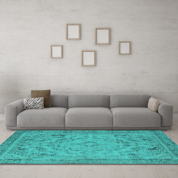 Machine Washable Oriental Turquoise Industrial Area Rugs in a Living Room,, wshurb1726turq