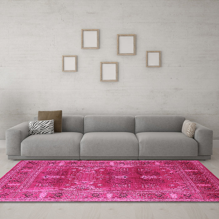 Machine Washable Oriental Pink Industrial Rug in a Living Room, wshurb1748pnk