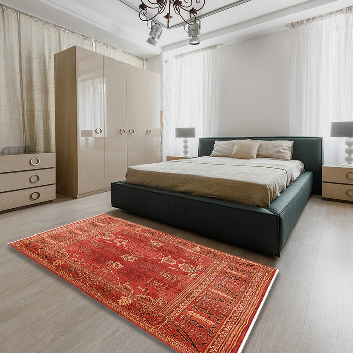 Mid-Century Modern Red Oriental Rug in a Bedroom, urb1748