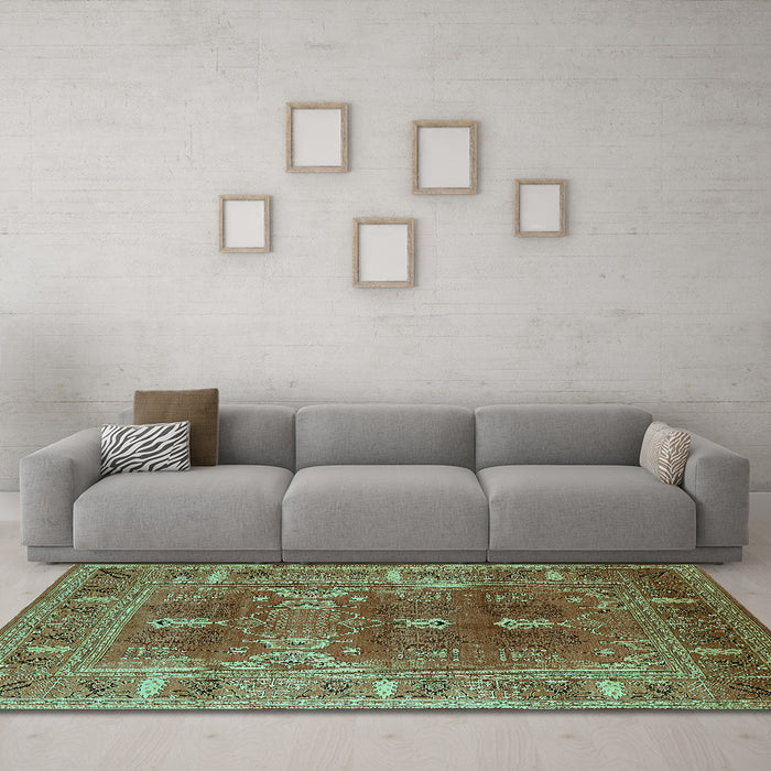 Machine Washable Oriental Turquoise Industrial Area Rugs in a Living Room,, wshurb1748turq