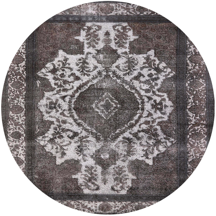 Round Machine Washable Industrial Modern Western Charcoal Gray Rug, wshurb1749