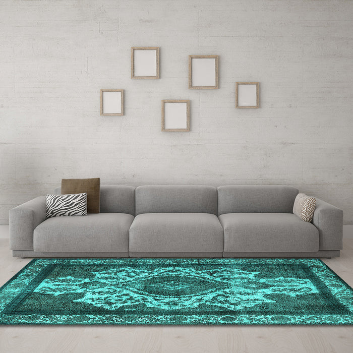 Machine Washable Oriental Turquoise Industrial Area Rugs in a Living Room,, wshurb1749turq
