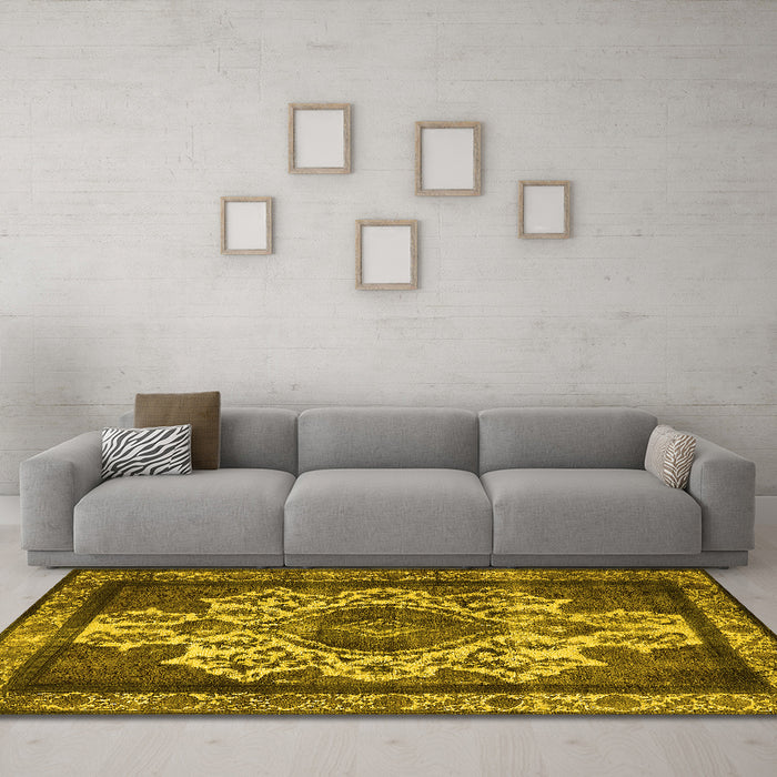 Machine Washable Oriental Yellow Industrial Rug in a Living Room, wshurb1749yw