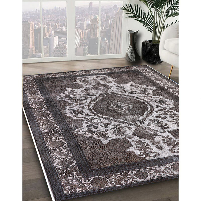 Mid-Century Modern Charcoal Gray Oriental Rug in Family Room, urb1749