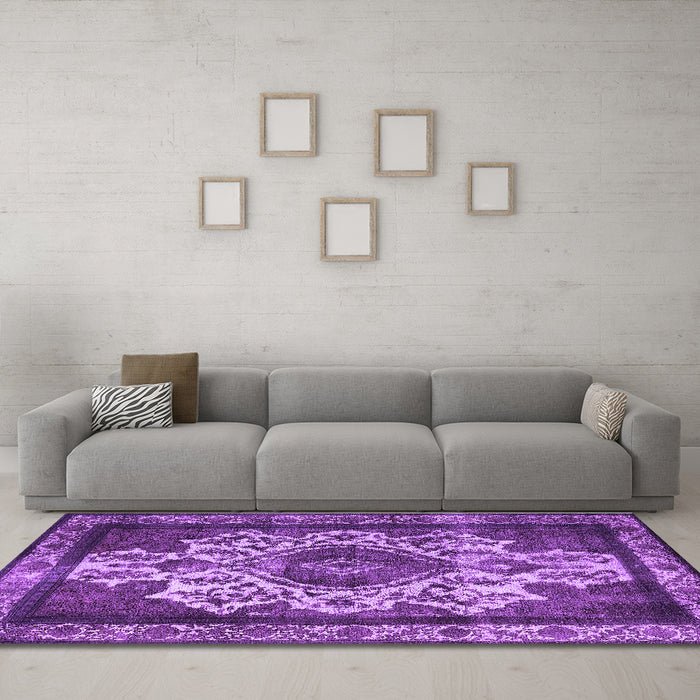 Machine Washable Oriental Purple Industrial Area Rugs in a Living Room, wshurb1749pur