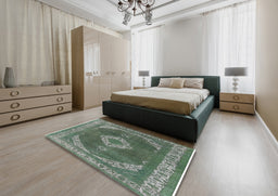 Mid-Century Modern Gunmetal Gray Oriental Rug in a Bedroom, urb1750