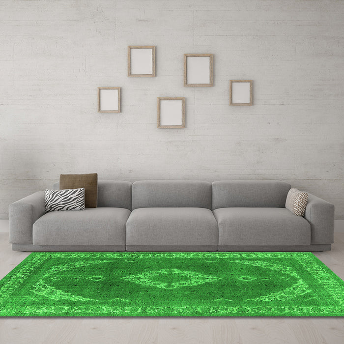 Machine Washable Oriental Green Industrial Area Rugs in a Living Room,, wshurb1750grn