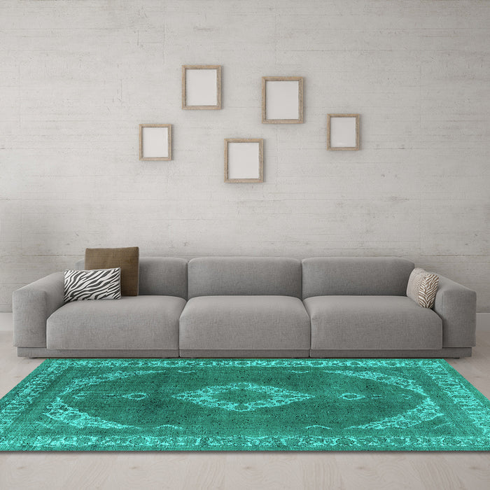 Machine Washable Oriental Turquoise Industrial Area Rugs in a Living Room,, wshurb1750turq