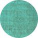 Round Machine Washable Oriental Turquoise Industrial Area Rugs, wshurb1755turq