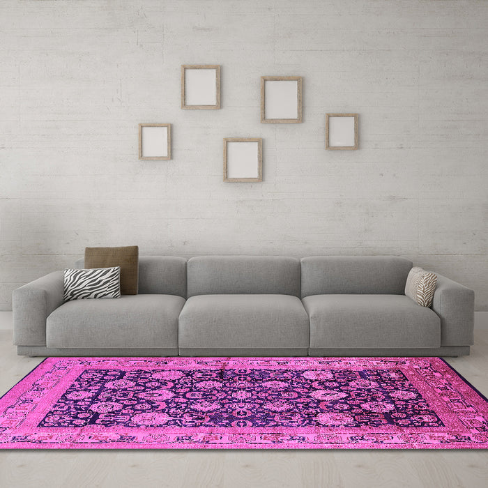 Machine Washable Oriental Pink Industrial Rug in a Living Room, wshurb1756pnk