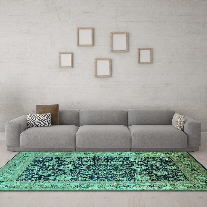 Machine Washable Oriental Turquoise Industrial Area Rugs in a Living Room,, wshurb1756turq