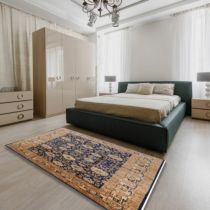 Mid-Century Modern Purple Oriental Rug in a Bedroom, urb1756