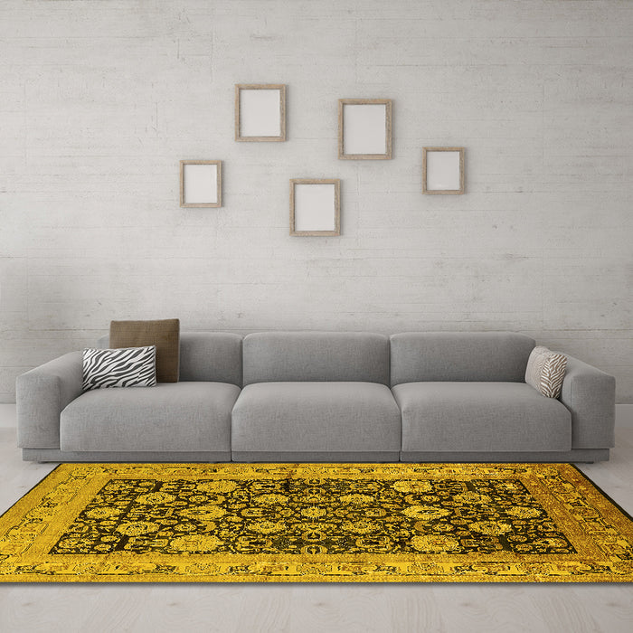 Machine Washable Oriental Yellow Industrial Rug in a Living Room, wshurb1756yw
