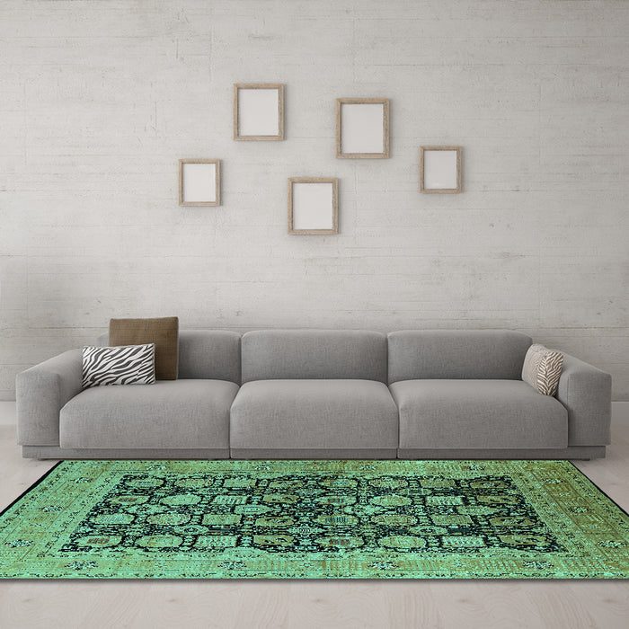 Machine Washable Oriental Turquoise Industrial Area Rugs in a Living Room,, wshurb1757turq