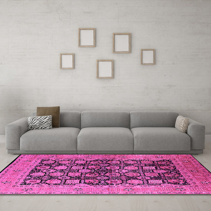Machine Washable Oriental Pink Industrial Rug in a Living Room, wshurb1757pnk
