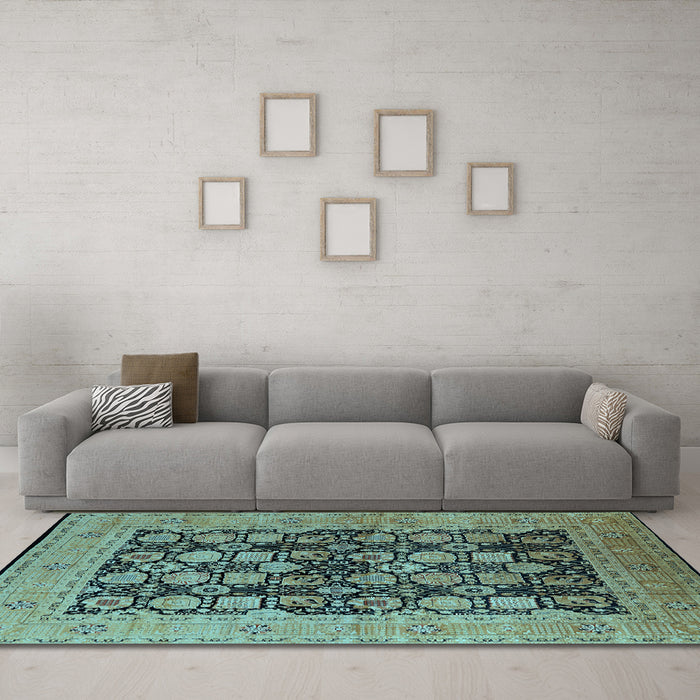 Machine Washable Oriental Light Blue Industrial Rug in a Living Room, wshurb1757lblu