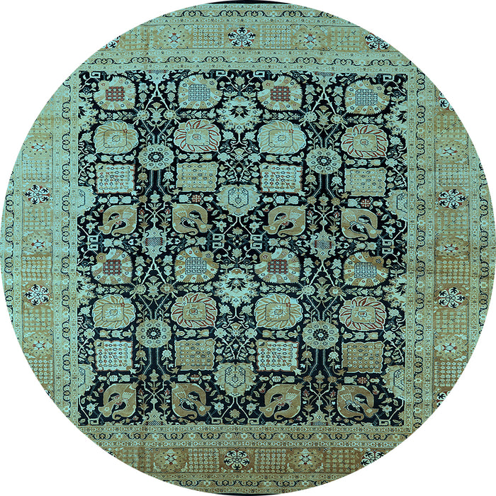 Round Machine Washable Oriental Light Blue Industrial Rug, wshurb1757lblu
