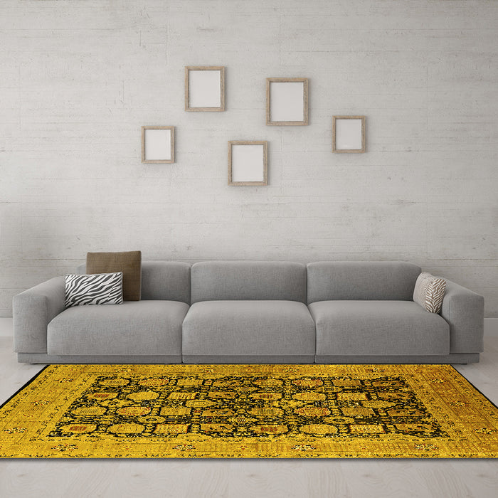 Machine Washable Oriental Yellow Industrial Rug in a Living Room, wshurb1757yw