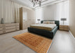 Mid-Century Modern Mahogany Brown Oriental Rug in a Bedroom, urb1758