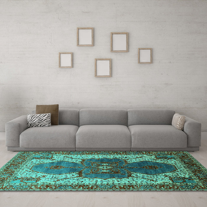 Machine Washable Oriental Turquoise Industrial Area Rugs in a Living Room,, wshurb1769turq