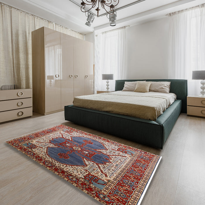 Mid-Century Modern Light French Beige Brown Oriental Rug in a Bedroom, urb1769