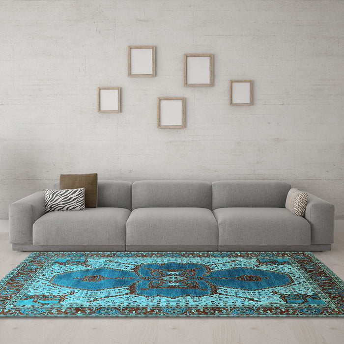 Machine Washable Oriental Light Blue Industrial Rug in a Living Room, wshurb1769lblu