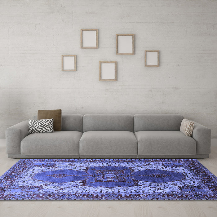 Machine Washable Oriental Blue Industrial Rug in a Living Room, wshurb1769blu