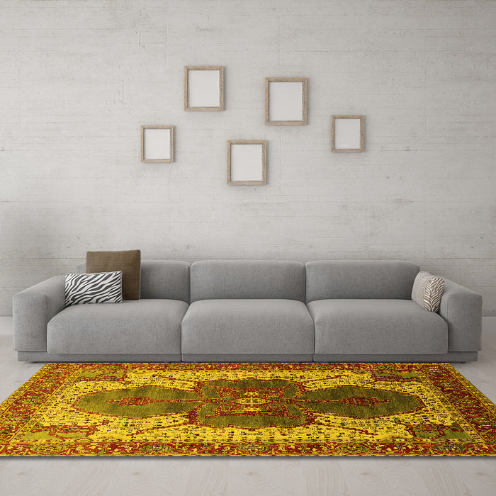 Machine Washable Oriental Yellow Industrial Rug in a Living Room, wshurb1769yw