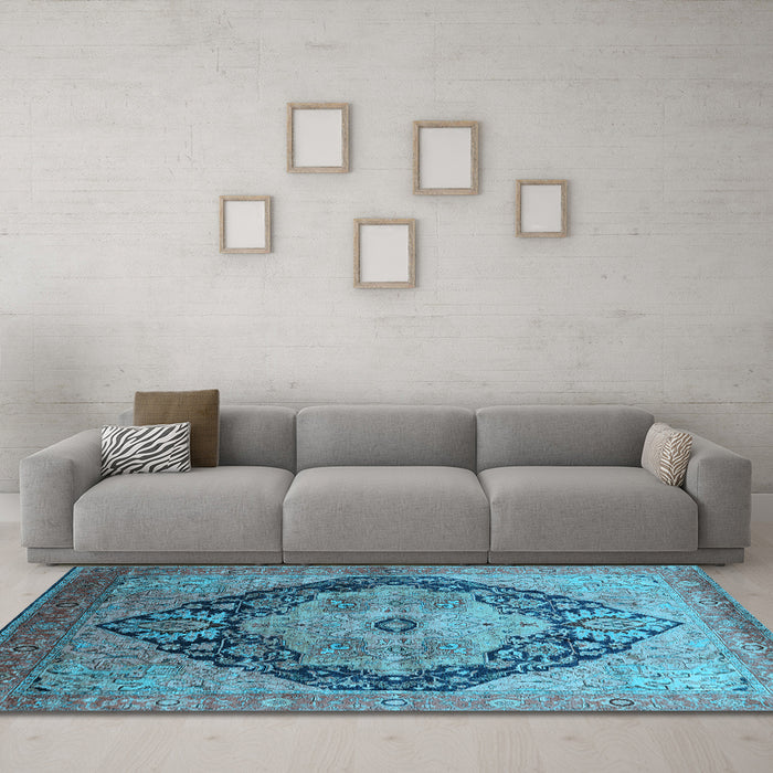 Machine Washable Oriental Light Blue Industrial Rug in a Living Room, wshurb1770lblu