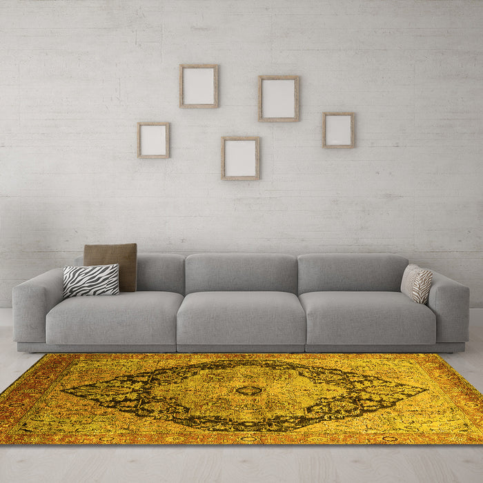 Machine Washable Oriental Yellow Industrial Rug in a Living Room, wshurb1770yw