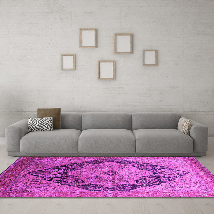 Machine Washable Oriental Pink Industrial Rug in a Living Room, wshurb1770pnk