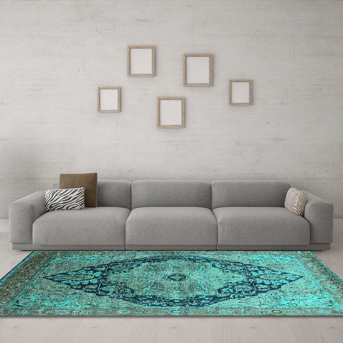 Machine Washable Oriental Turquoise Industrial Area Rugs in a Living Room,, wshurb1770turq