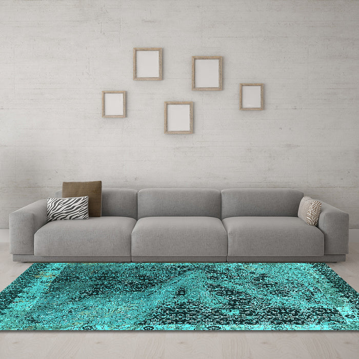 Machine Washable Oriental Turquoise Industrial Area Rugs in a Living Room,, wshurb1771turq
