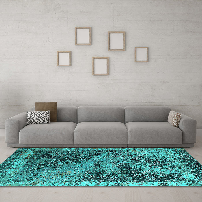Machine Washable Oriental Turquoise Industrial Area Rugs in a Living Room,, wshurb1772turq