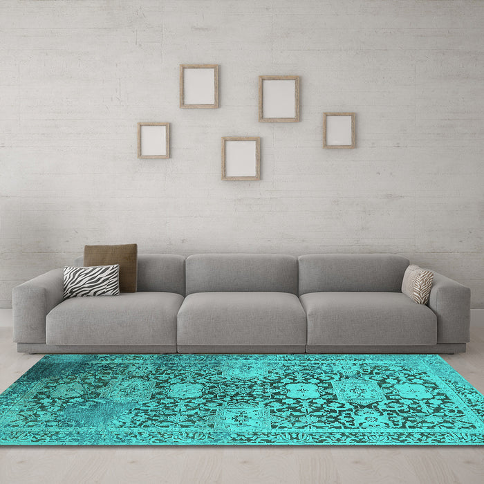 Machine Washable Oriental Turquoise Industrial Area Rugs in a Living Room,, wshurb1774turq