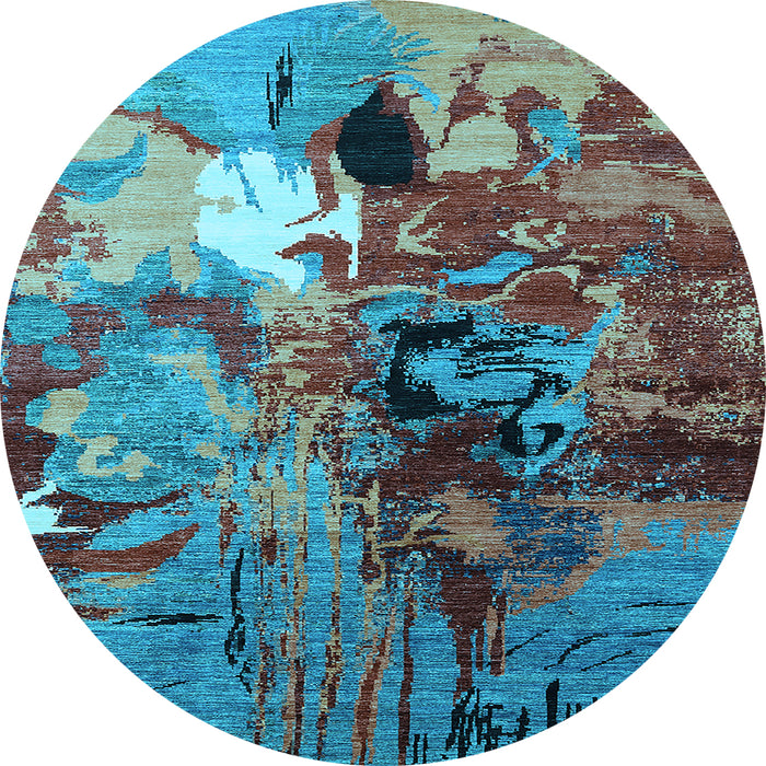 Round Machine Washable Oriental Light Blue Industrial Rug, wshurb1785lblu