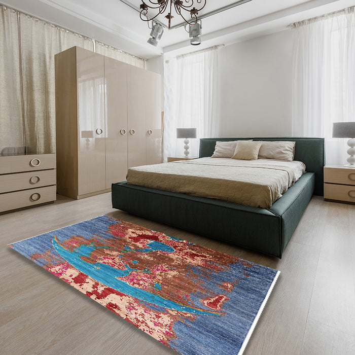 Mid-Century Modern Columbia Blue Oriental Rug in a Bedroom, urb1786