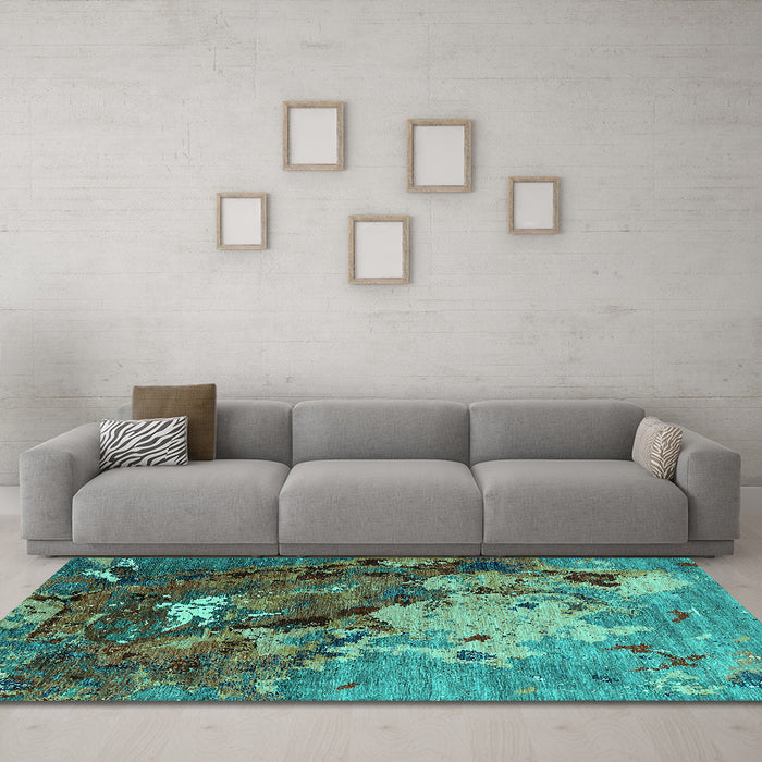 Machine Washable Oriental Turquoise Industrial Area Rugs in a Living Room,, wshurb1787turq