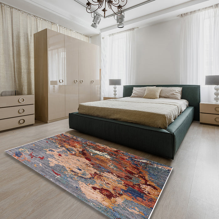 Mid-Century Modern Chestnut Brown Oriental Rug in a Bedroom, urb1787