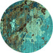 Round Machine Washable Oriental Turquoise Industrial Area Rugs, wshurb1787turq