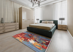 Mid-Century Modern Gunmetal Gray Oriental Rug in a Bedroom, urb1788