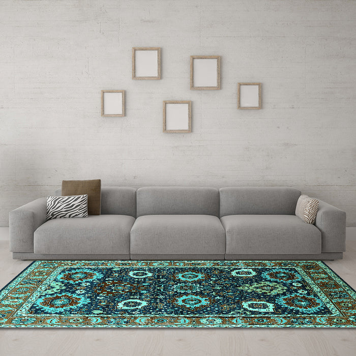 Machine Washable Oriental Turquoise Industrial Area Rugs in a Living Room,, wshurb1790turq