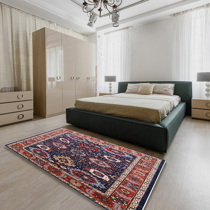 Mid-Century Modern Rosy Brown Pink Oriental Rug in a Bedroom, urb1790