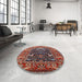 Round Mid-Century Modern Pink Oriental Rug in a Office, urb1791