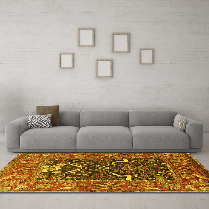 Machine Washable Oriental Yellow Industrial Rug in a Living Room, wshurb1791yw