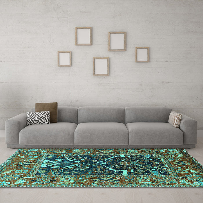 Machine Washable Oriental Turquoise Industrial Area Rugs in a Living Room,, wshurb1791turq