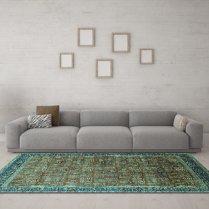 Machine Washable Oriental Turquoise Industrial Area Rugs in a Living Room,, wshurb1793turq