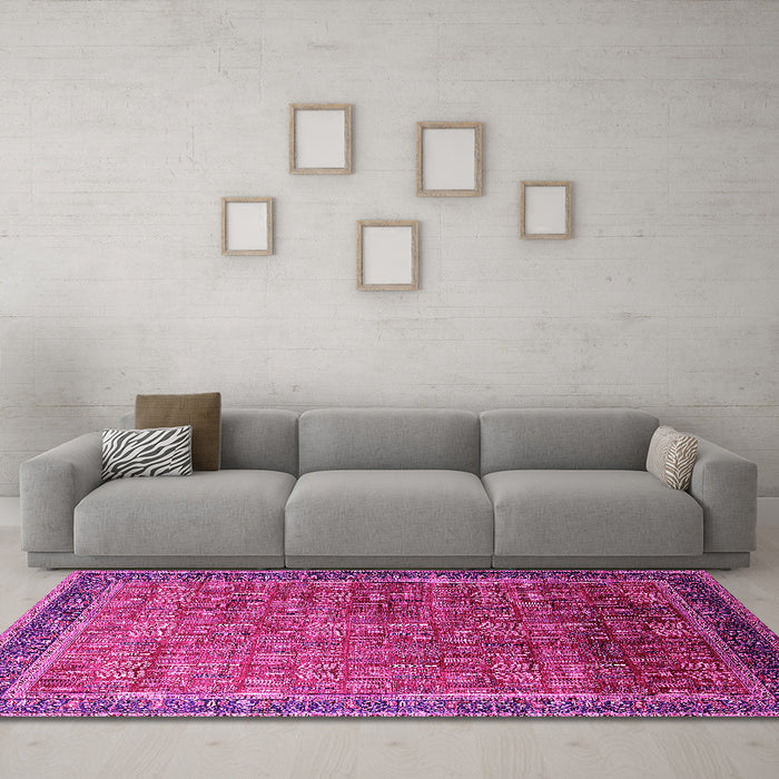 Machine Washable Oriental Pink Industrial Rug in a Living Room, wshurb1793pnk