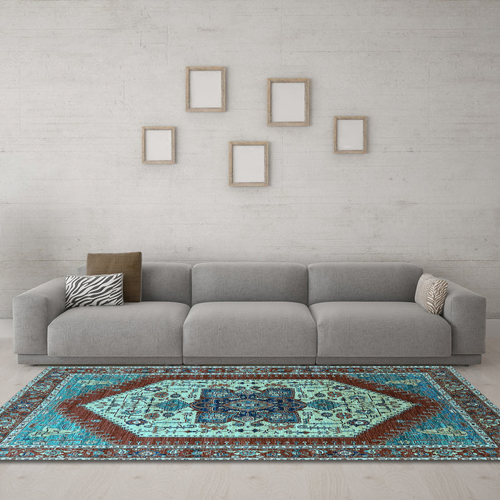 Machine Washable Oriental Light Blue Industrial Rug in a Living Room, wshurb1794lblu